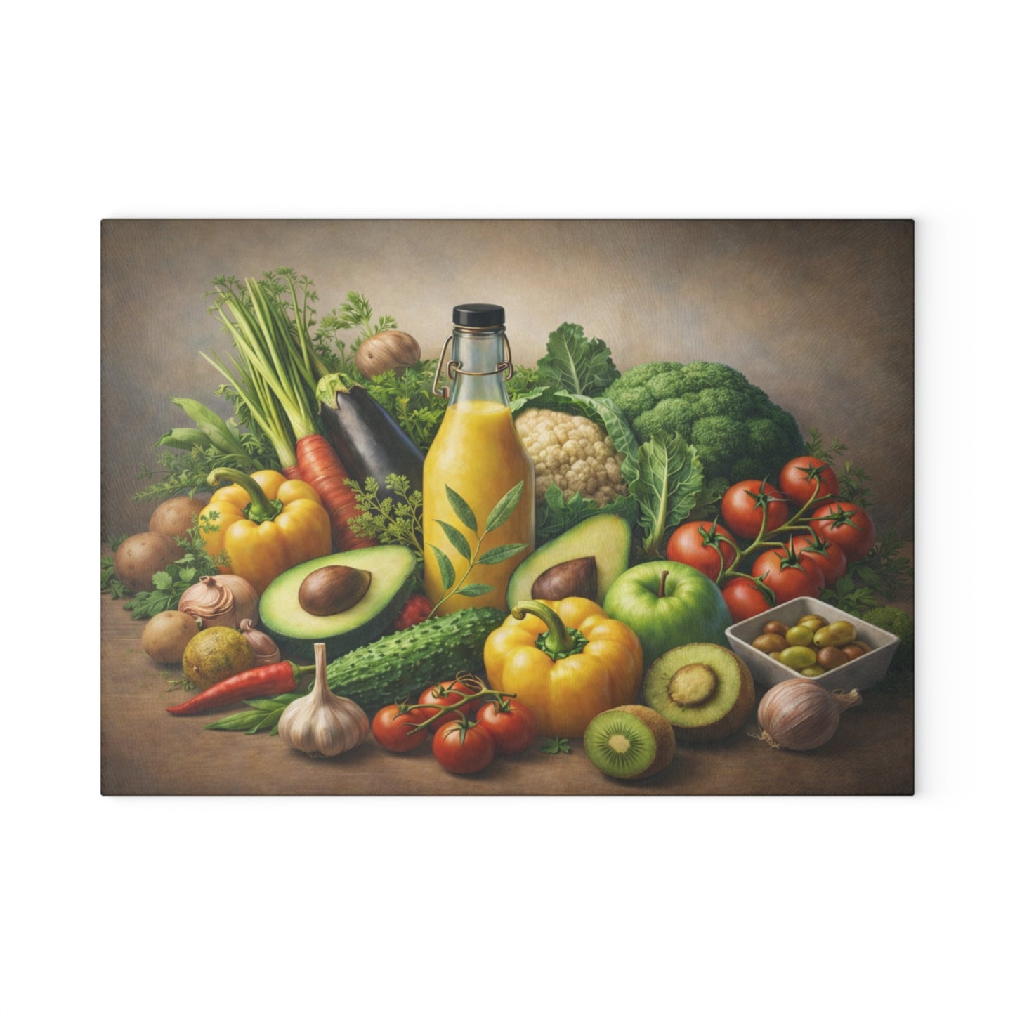 Garden Harvest Still Life Glass Cutting Board – Rustic Vegetable & Fresh Produce Kitchen Art