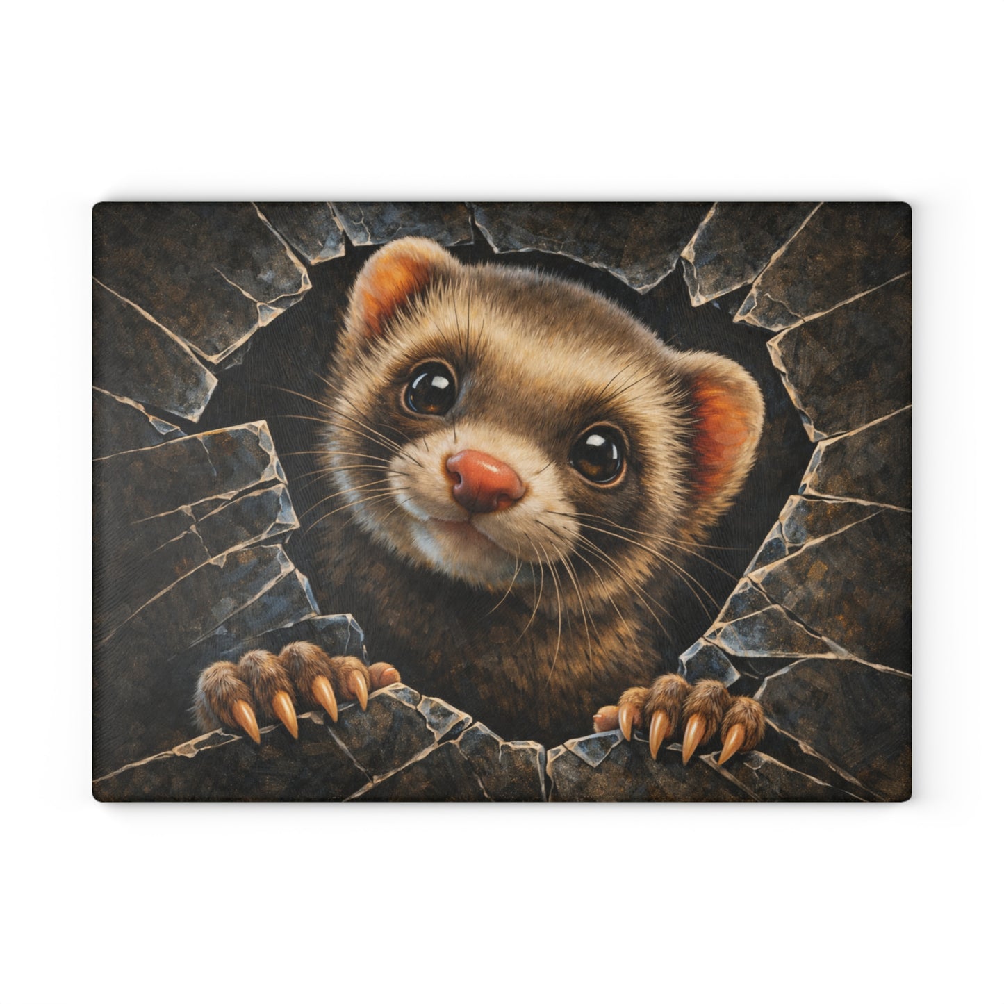 Ferret Breaking Through Wall Glass Cutting Board – Playful Wildlife Peek Artwork