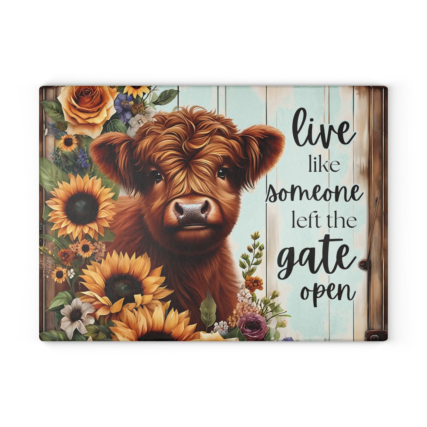 🐮🌻 Highland Cow Sunflower Cutting Board – Rustic Farmhouse Charm with Inspirational Quote 🌼🌹