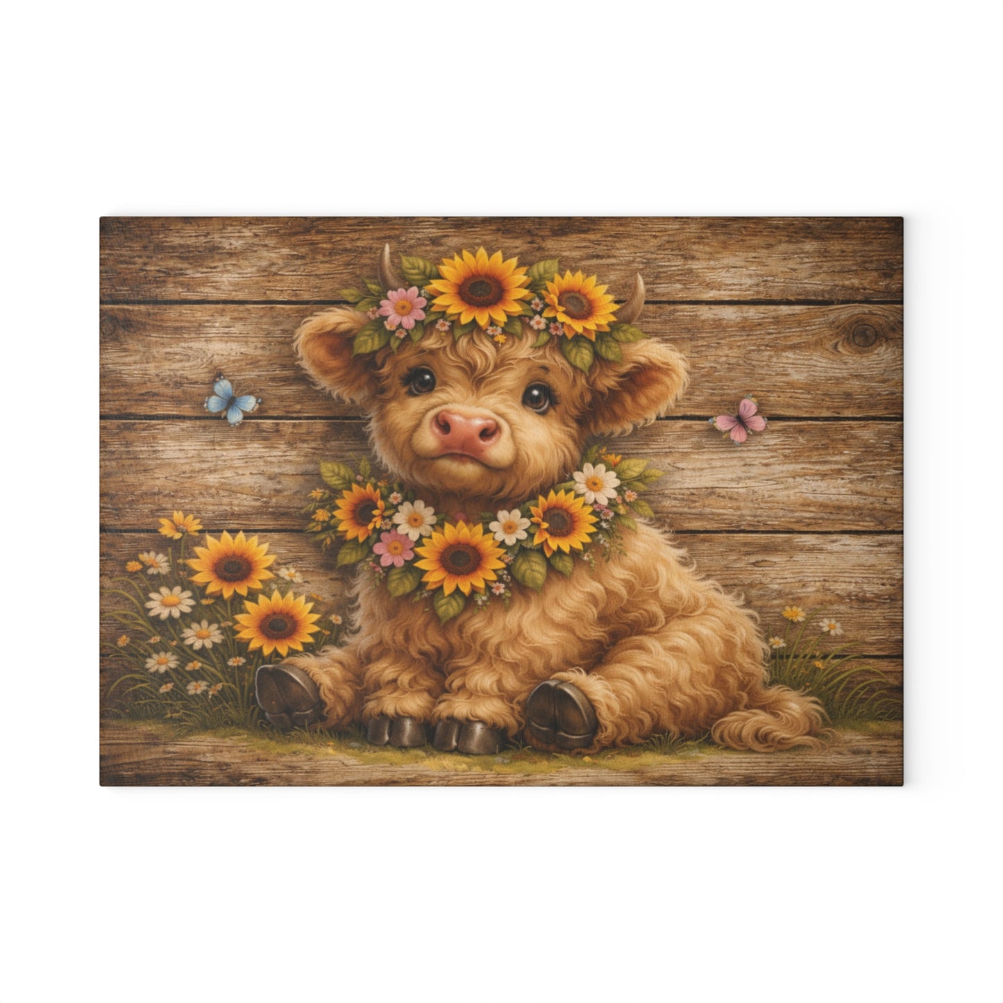 Floral Highland Calf Glass Cutting Board – Rustic Farmhouse Wood Background