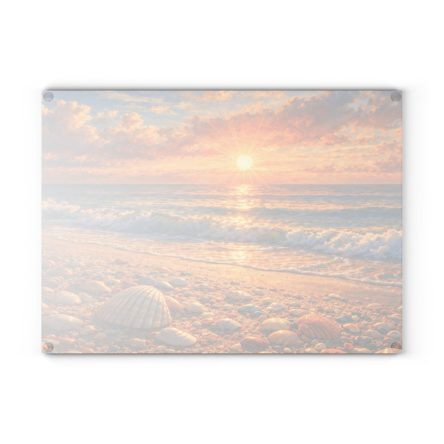 Golden Beach Sunrise Glass Cutting Board – Coastal Seashell Ocean Art