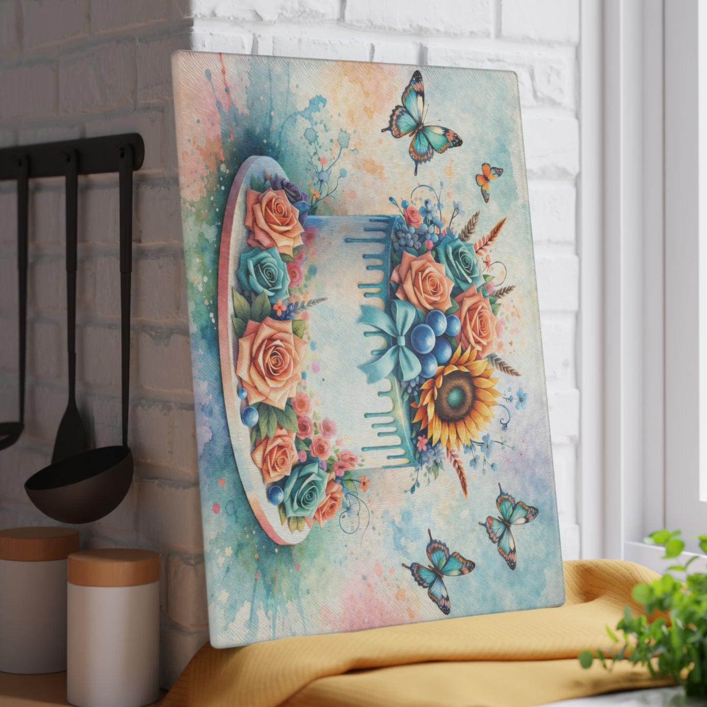 Floral Celebration Cake Glass Cutting Board – Elegant Dessert Kitchen Decor