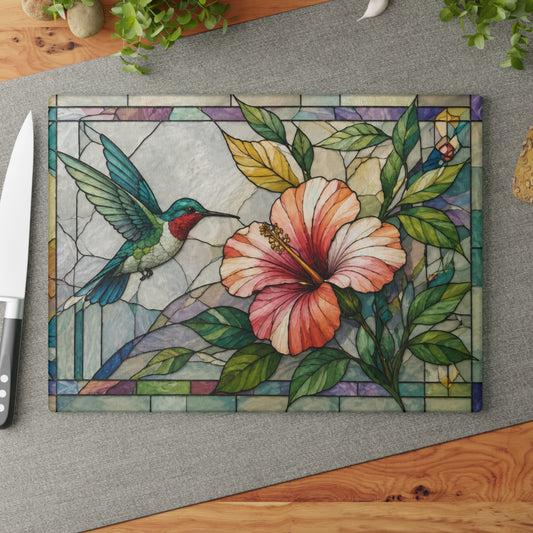 Stained Glass Hummingbird & Hibiscus Glass Cutting Board – Colorful Floral Garden Kitchen Decor