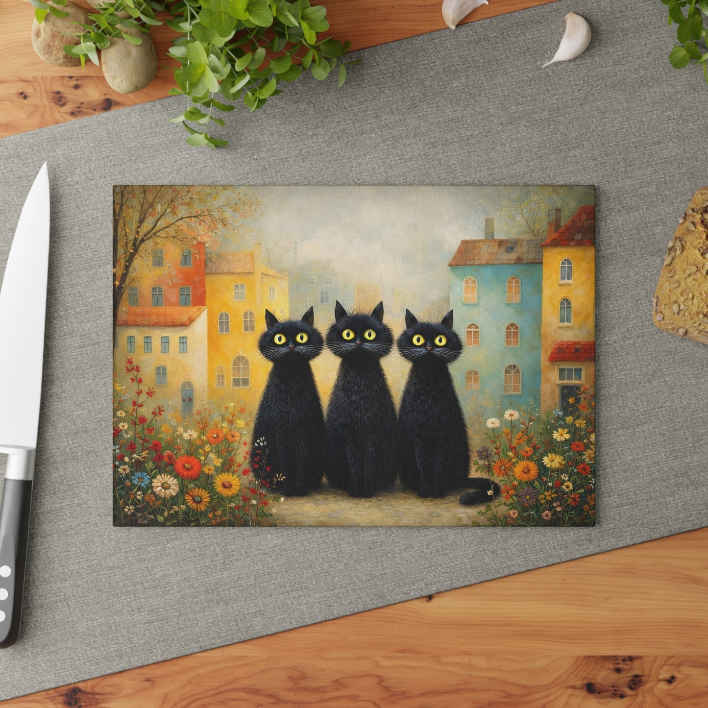 Whimsical Black Cats Village Scene Glass Cutting Board – Storybook Kitchen Art