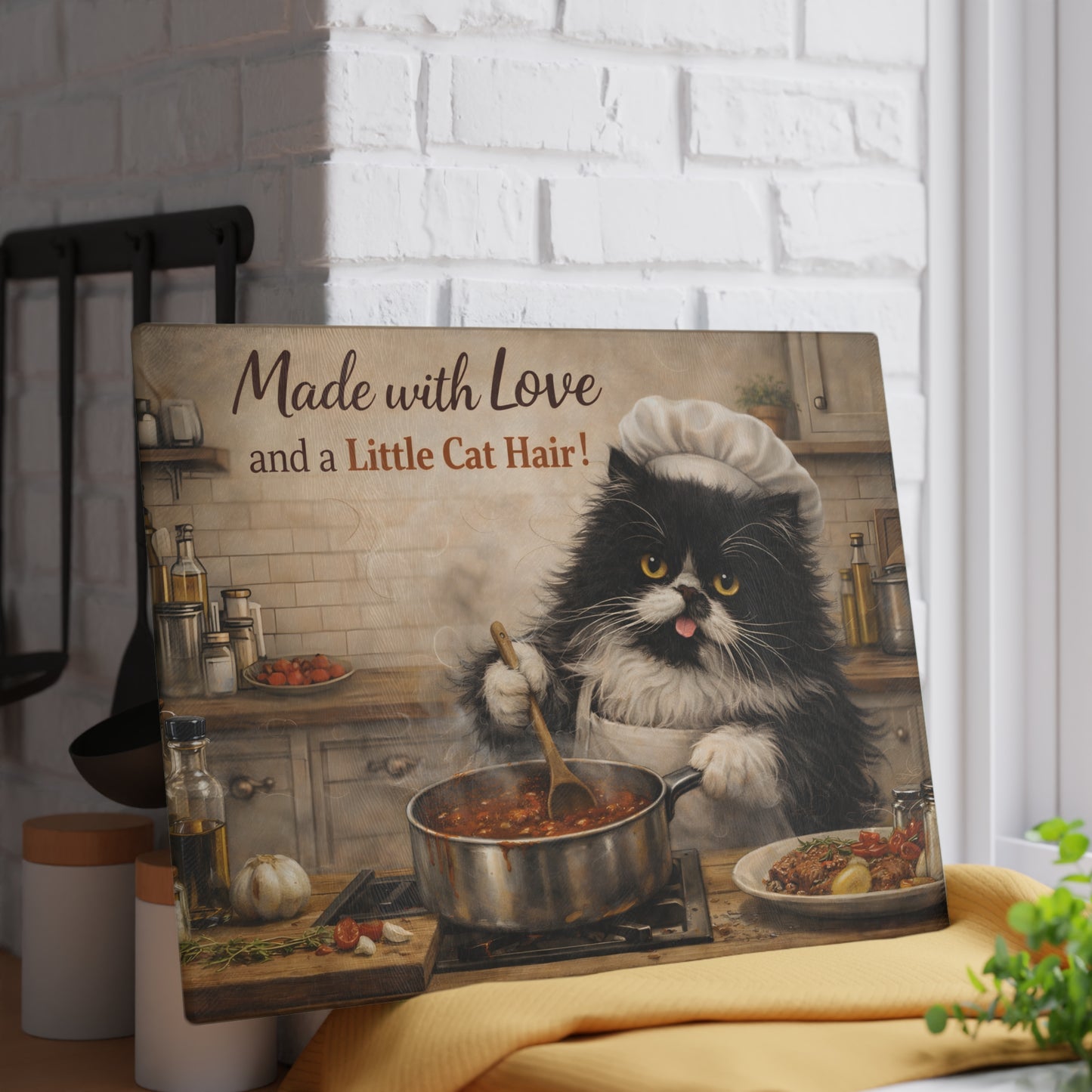 Made with Love and a Little Cat Hair Glass Cutting Board – Funny Cat Kitchen Art