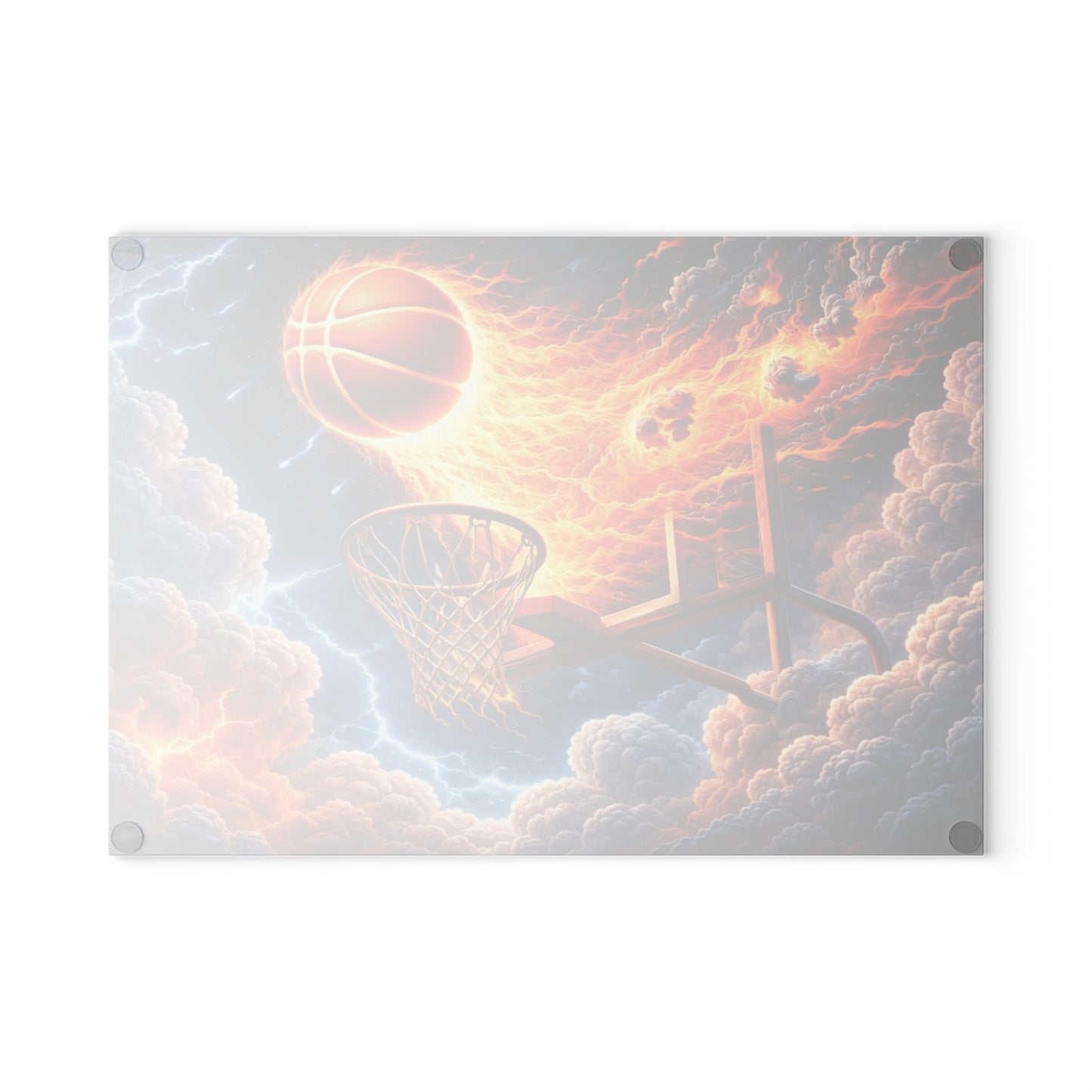 Fiery Basketball Slam Glass Cutting Board – High-Energy Sports Art for Your Kitchen
