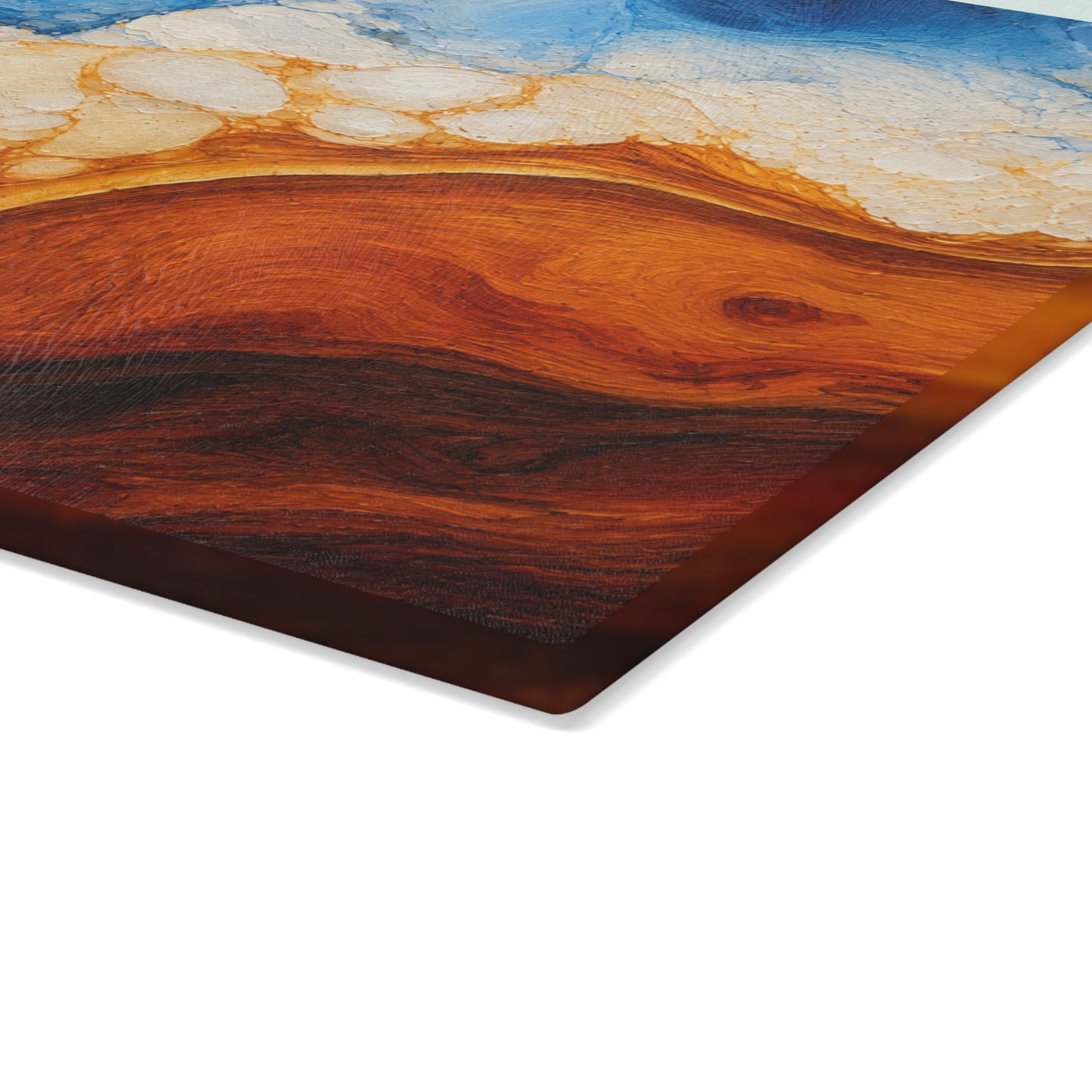 Coastal Resin-Painted Look Ocean Abstract Glass Cutting Board – Blue Waves and Golden Shoreline Artwork