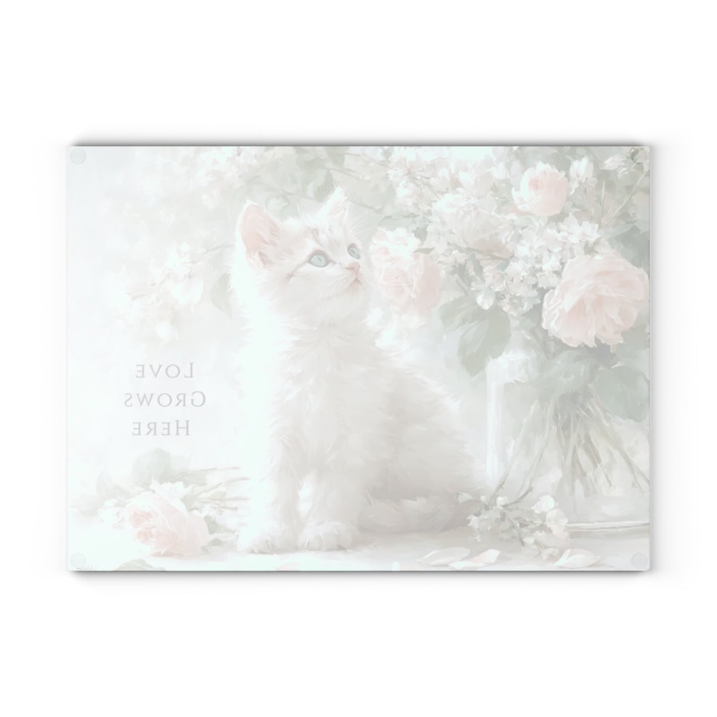 🐱🌸 “Love Grows Here” Glass Cutting Board – Soft Cottage Floral Charm