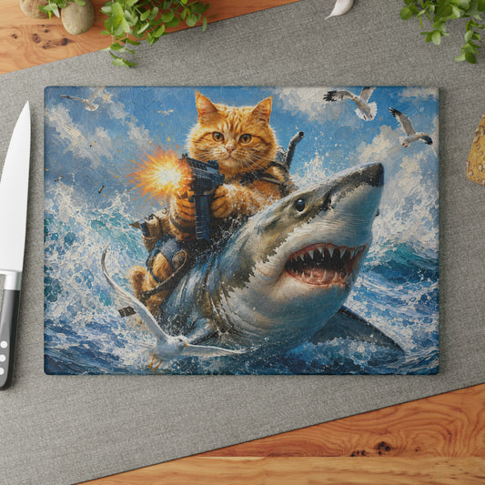 Fearless Cat & Shark Adventure Tempered Glass Cutting Board