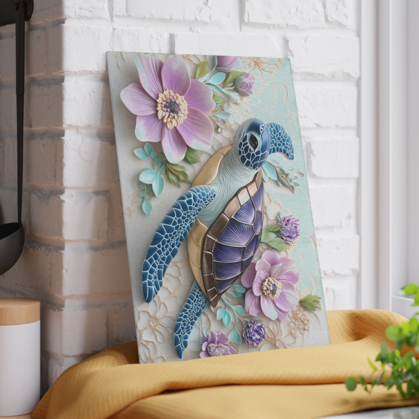 🐢 Floral Sea Turtle Cutting Board – Ocean Beauty Meets Botanical Elegance