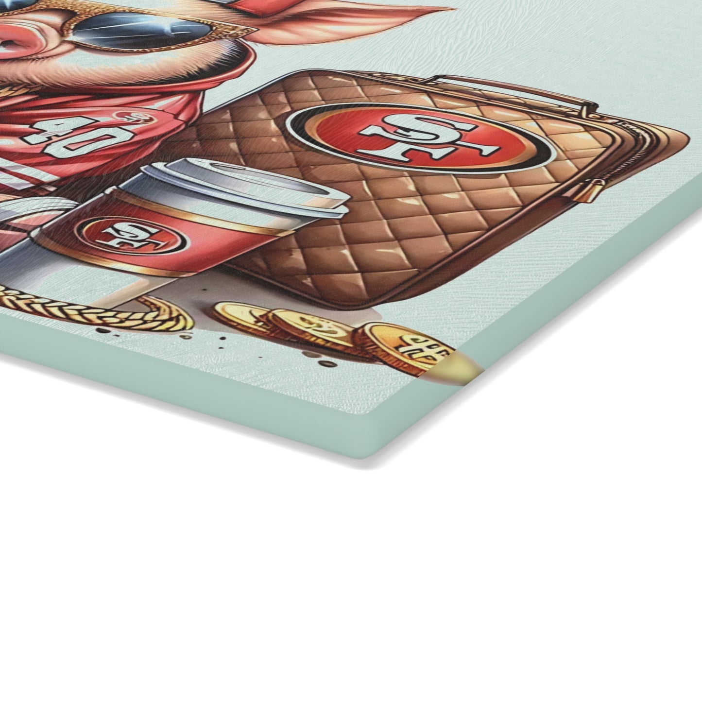 Tabla de cortar de vidrio Red Jersey Glam Pig: arte animal de lujo para una decoración de cocina audaz