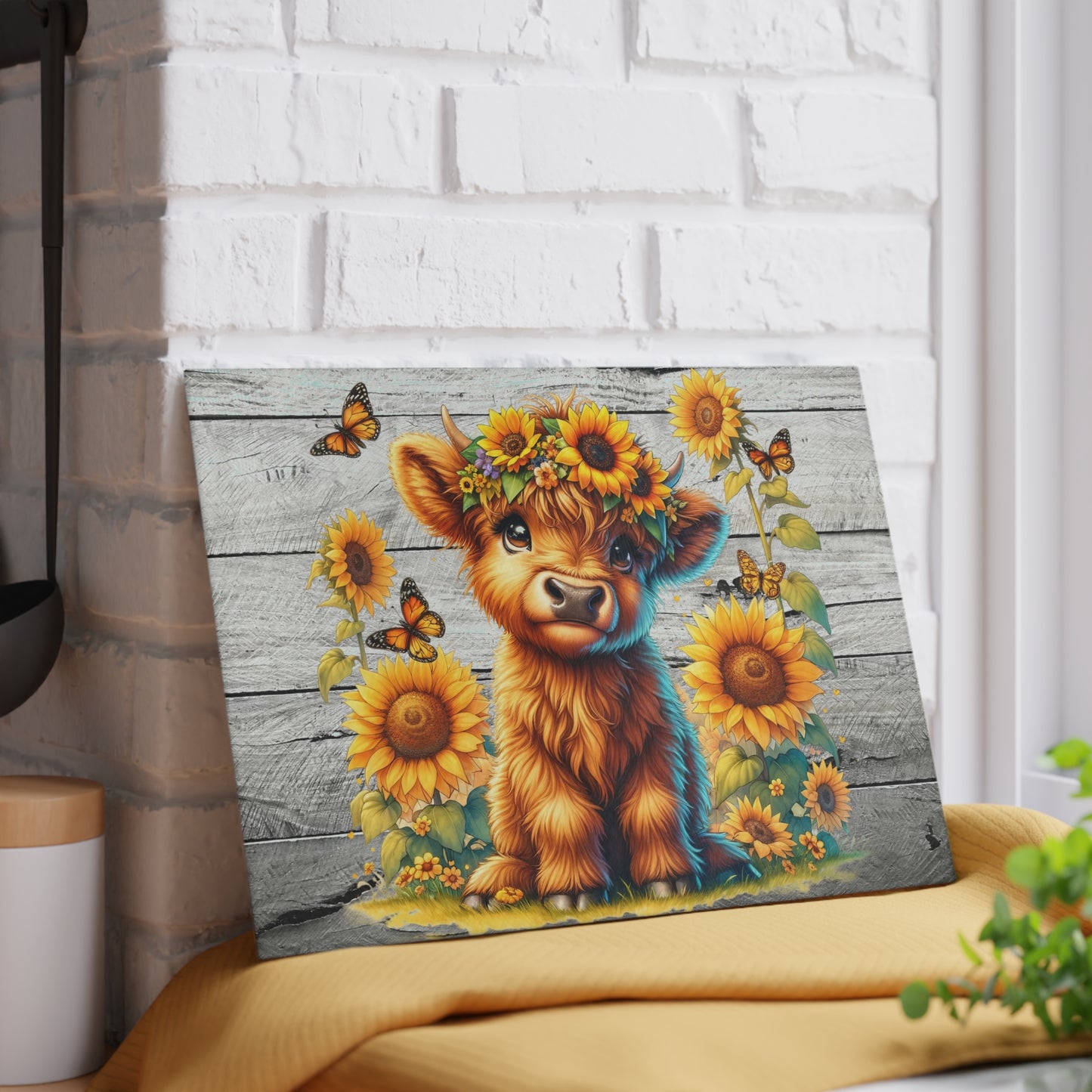Highland Cow with Sunflowers & Butterflies – Rustic Floral Glass Cutting Board