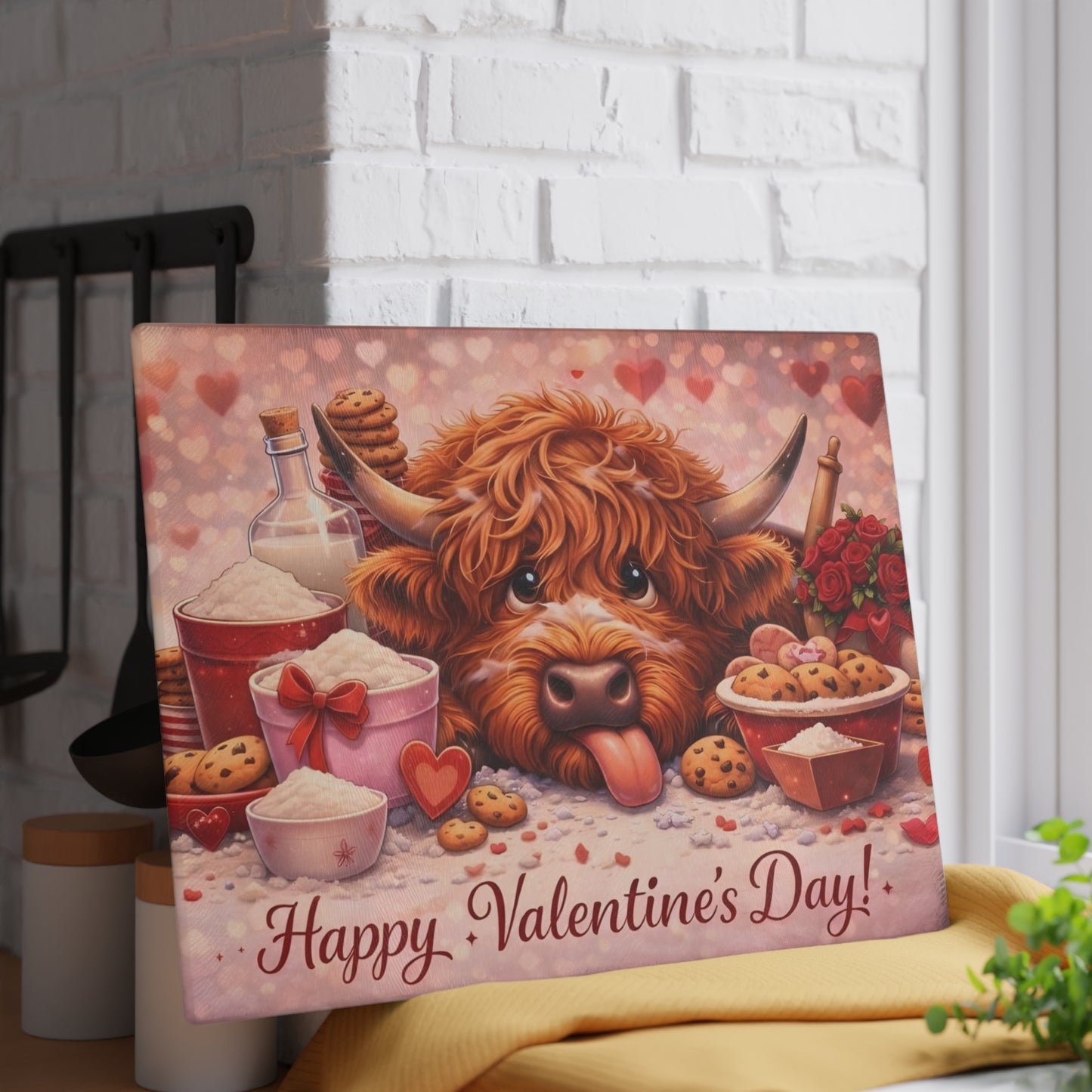 Valentine Highland Cow Baking Glass Cutting Board – Sweet Farmhouse Love Kitchen Decor