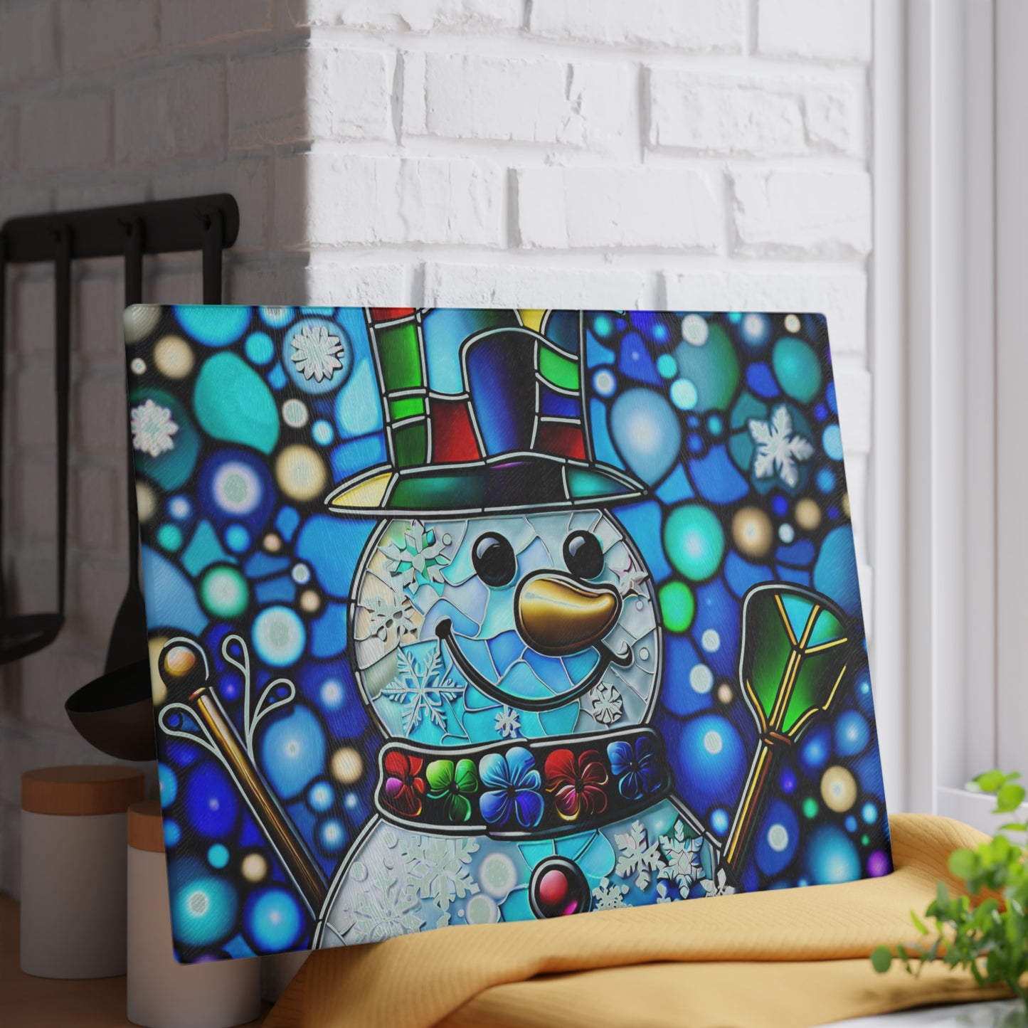 ☃️ Stained Glass-Style Snowman Cutting Board – Festive Elegance for Your Holiday Kitchen ❄️