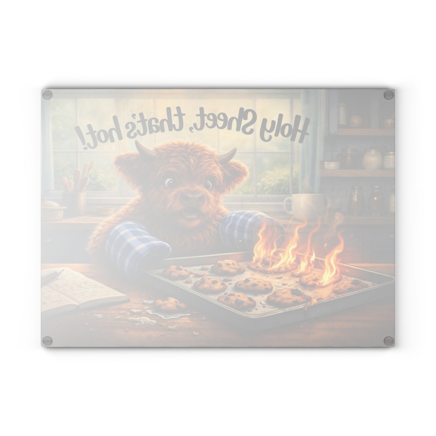 Holy Sheet, That’s Hot! Glass Cutting Board – Funny Highland Cow Baking Art