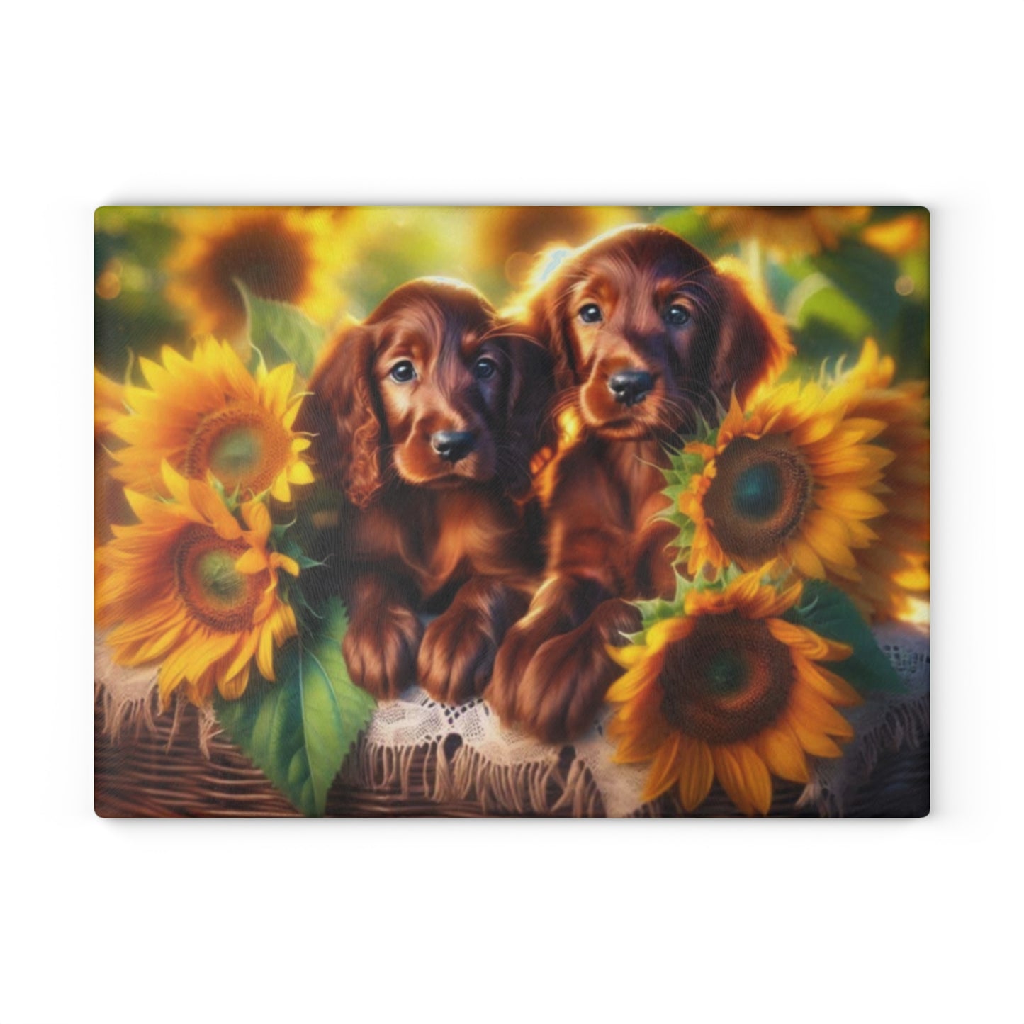 🐾 Sunflower Setter Pups Cutting Board – Golden Blooms & Puppy Love for Your Kitchen