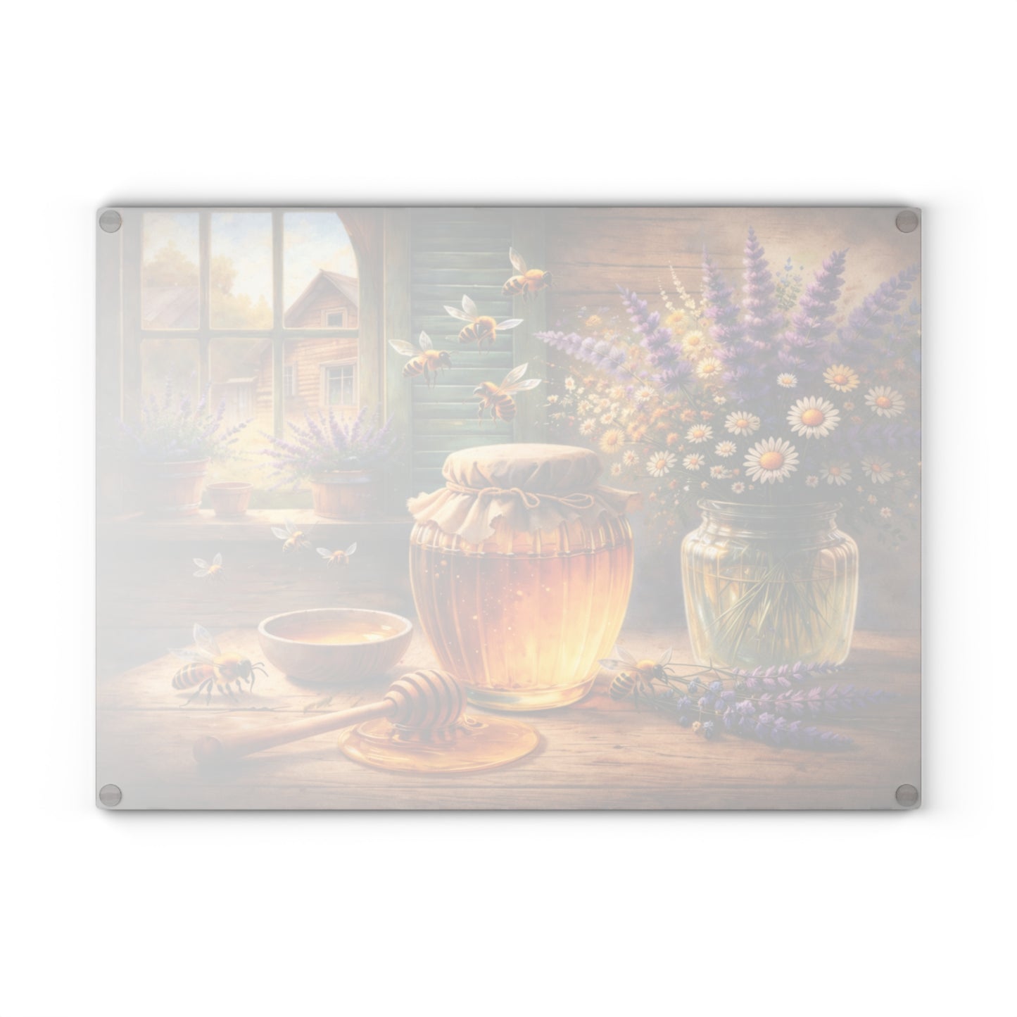 Golden Honey & Wildflowers Glass Cutting Board – Cozy Cottage Beekeeping Kitchen Art
