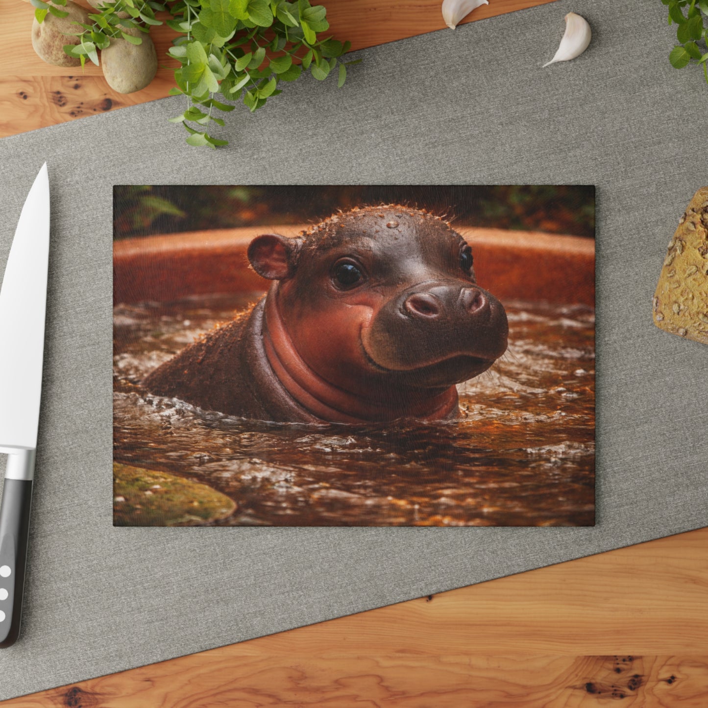 Baby Hippo Glass Cutting Board – Adorable Safari Wildlife Kitchen Decor
