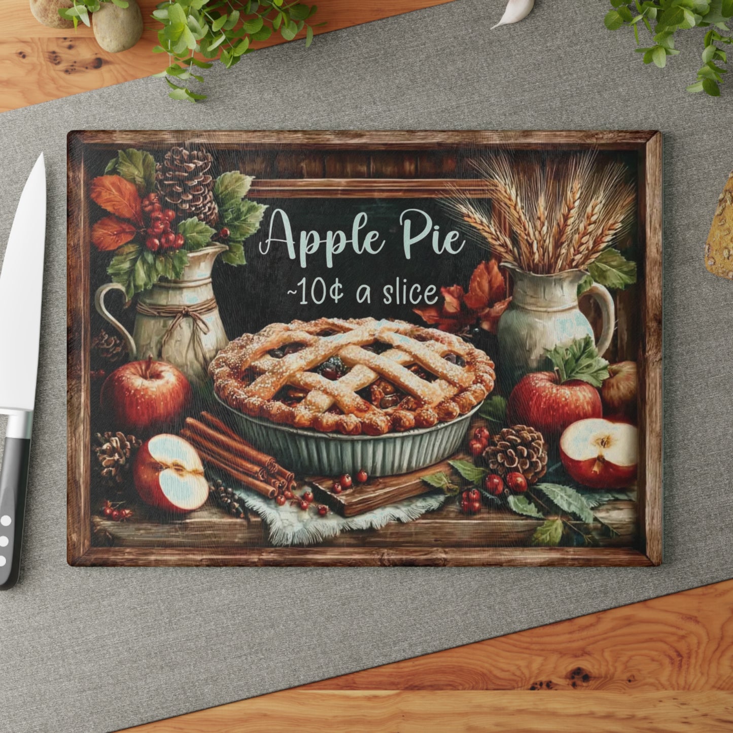 🥧🍎 “Apple Pie – 10¢ a Slice” Tempered Glass Board – Vintage Bakery Charm