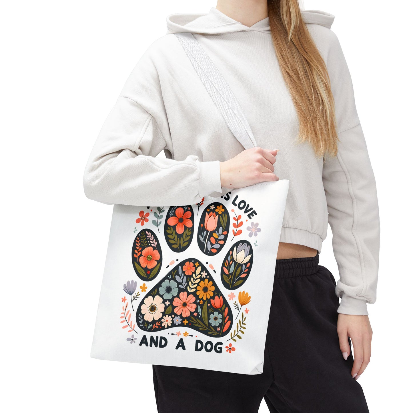 🐾 All You Need is Love and a Dog Tote Bag – Floral Paw Print Perfection 🌸