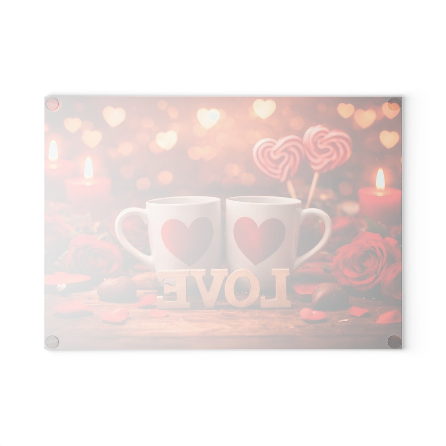 Valentine’s Love Mugs Glass Cutting Board – Romantic Heart Candle Kitchen Accent