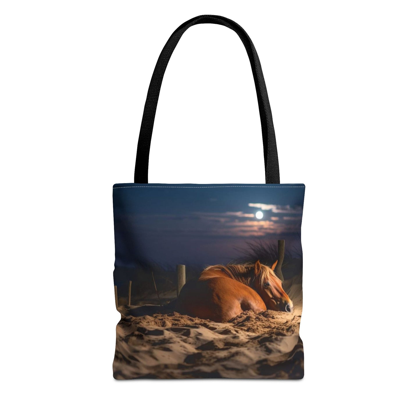 Bolsa de tela "Caballo durmiendo en la playa bajo la luz de la luna": una escapada serena a cada paso