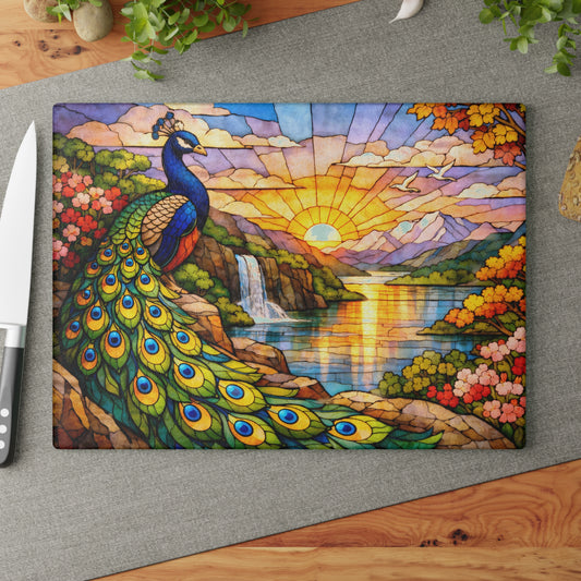 Stained Glass Style Peacock Landscape Glass Cutting Board – Colorful Nature Art Kitchen Decor