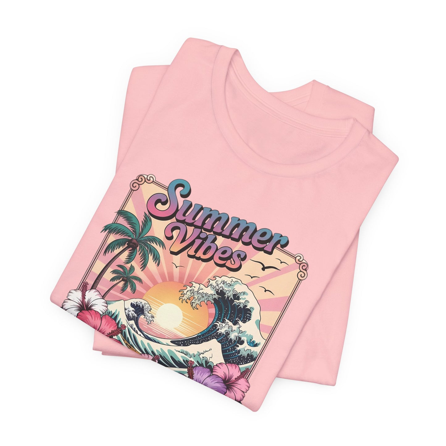 ☀️ Camiseta Summer Vibes – Ola playera vibrante, hibisco y palmeras | Camiseta gráfica para mujer
