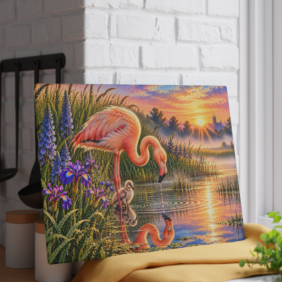 Flamingo & Baby at Sunset – Tempered Glass Cutting Board