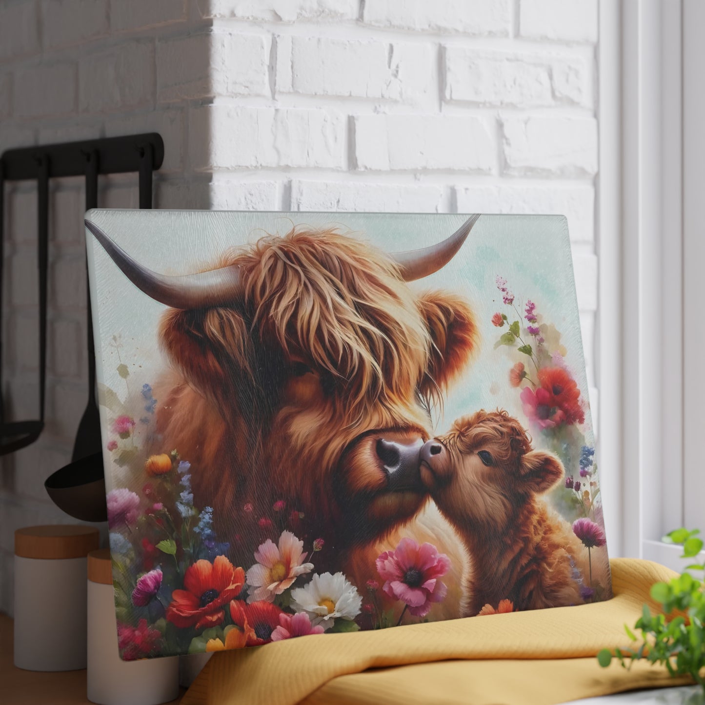 🐮🌸 Highland Cow & Calf Cutting Board – Rustic Love in Bloom 🌼❤️
