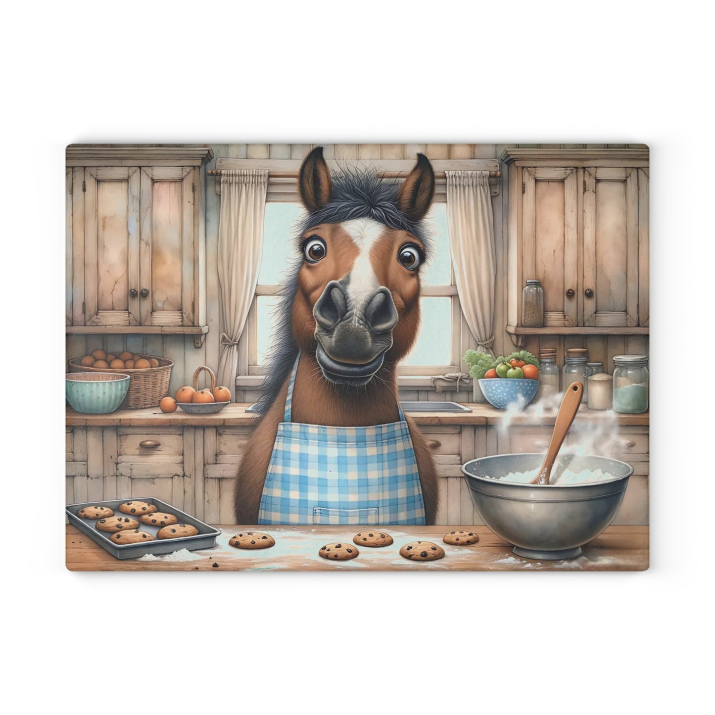 🐴🍪 “Baking Buddy Horse” Glass Cutting Board – Cozy Laughs for Your Kitchen