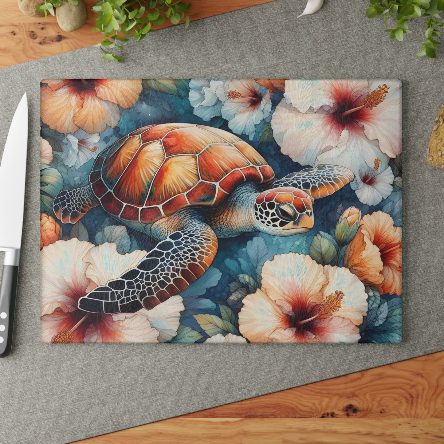 🐢 Tropical Sea Turtle & Hibiscus Cutting Board – Coastal Elegance for Your Kitchen 🌺