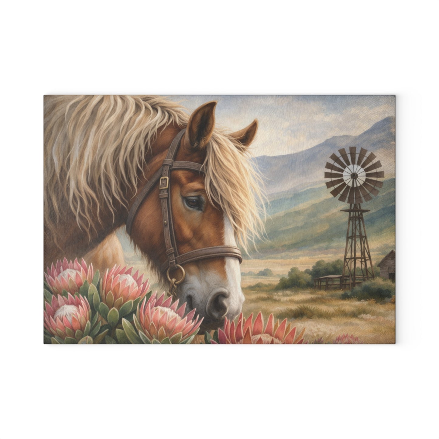 Western Horse and Windmill Glass Cutting Board – Rustic Farmhouse Country Kitchen Decor