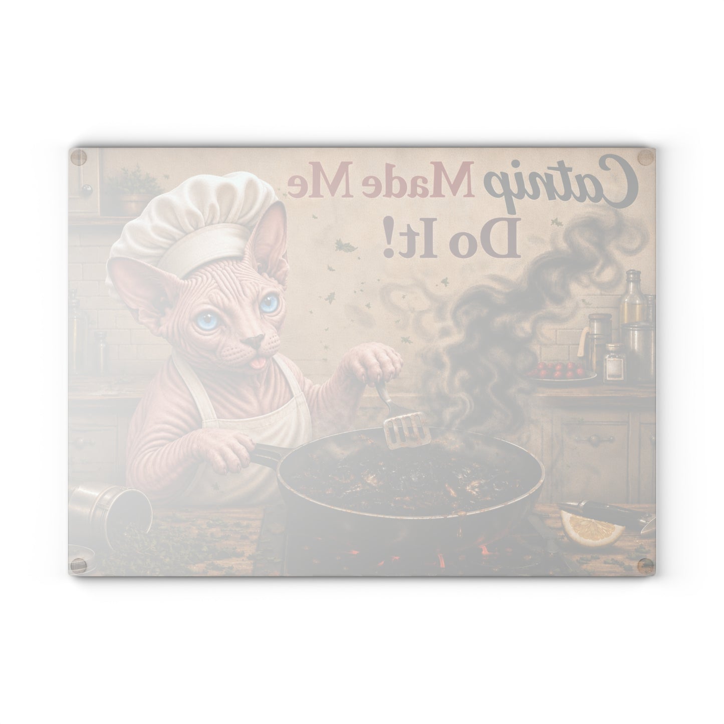 Catnip Made Me Do It! Glass Cutting Board – Funny Hairless Cat Kitchen Decor with Chef Sphynx Artwork