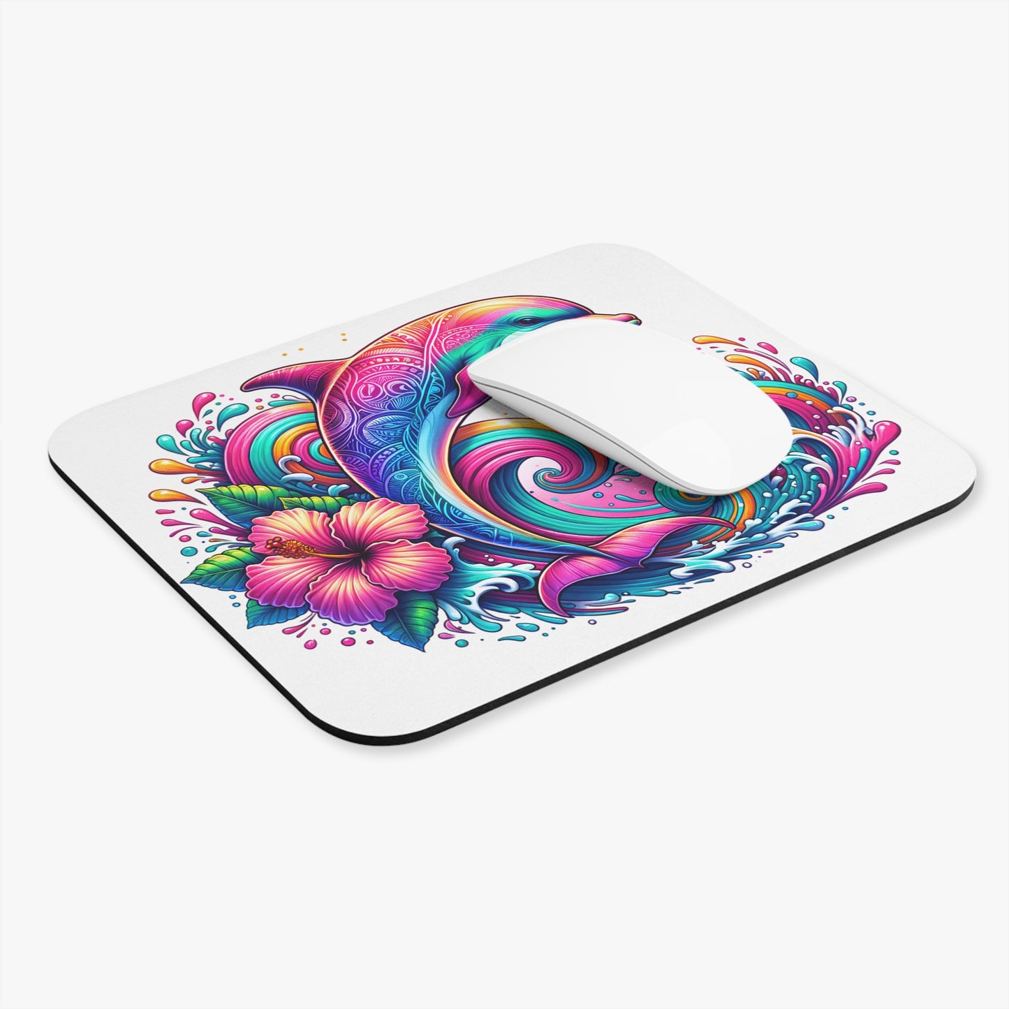 🖱️🐬 Tropical Dolphin Mouse Pad – Vibrant Hibiscus & Waves Desk Art