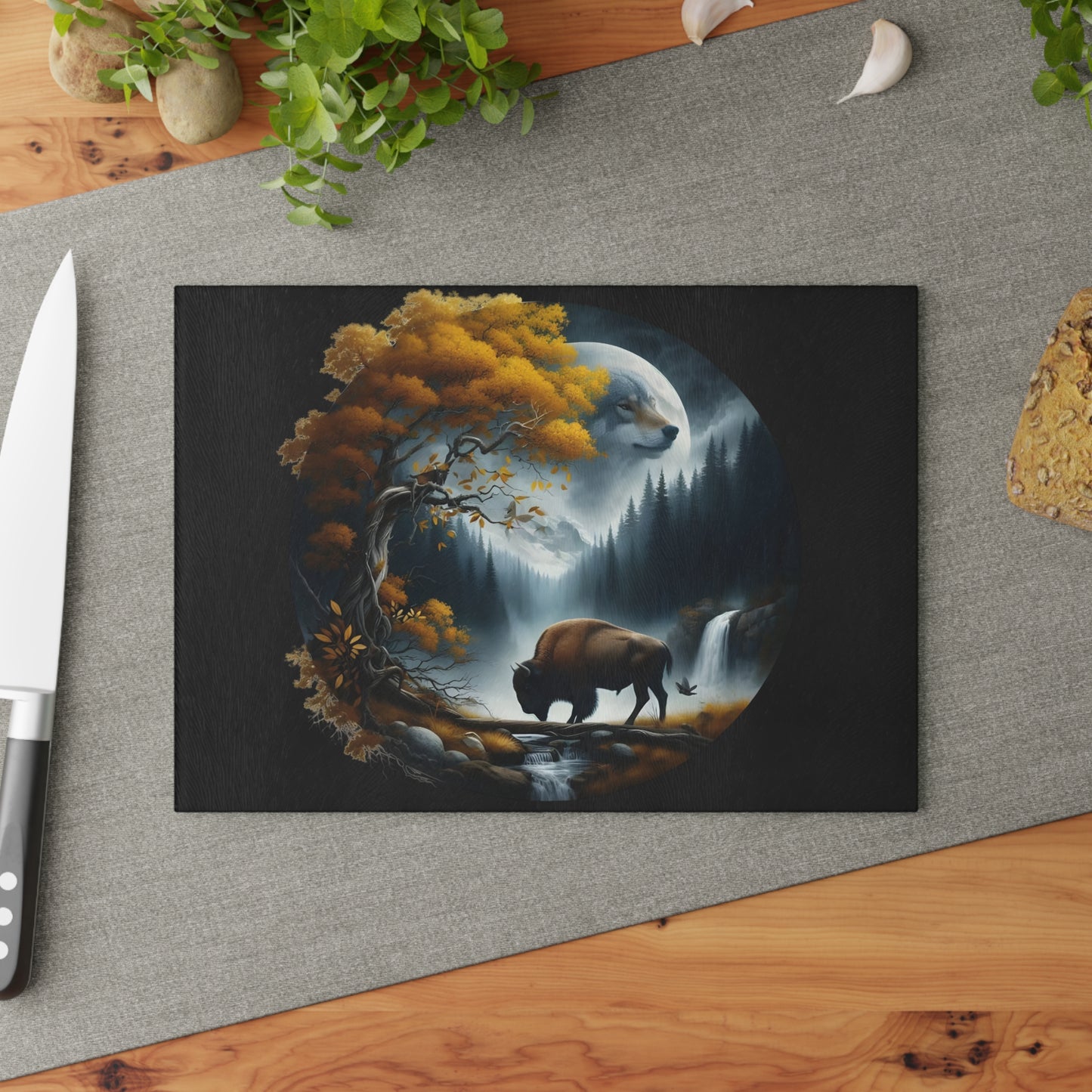 🌌 Mystic Bison Moonlight Cutting Board – Wilderness Spirit for Your Kitchen 🦬