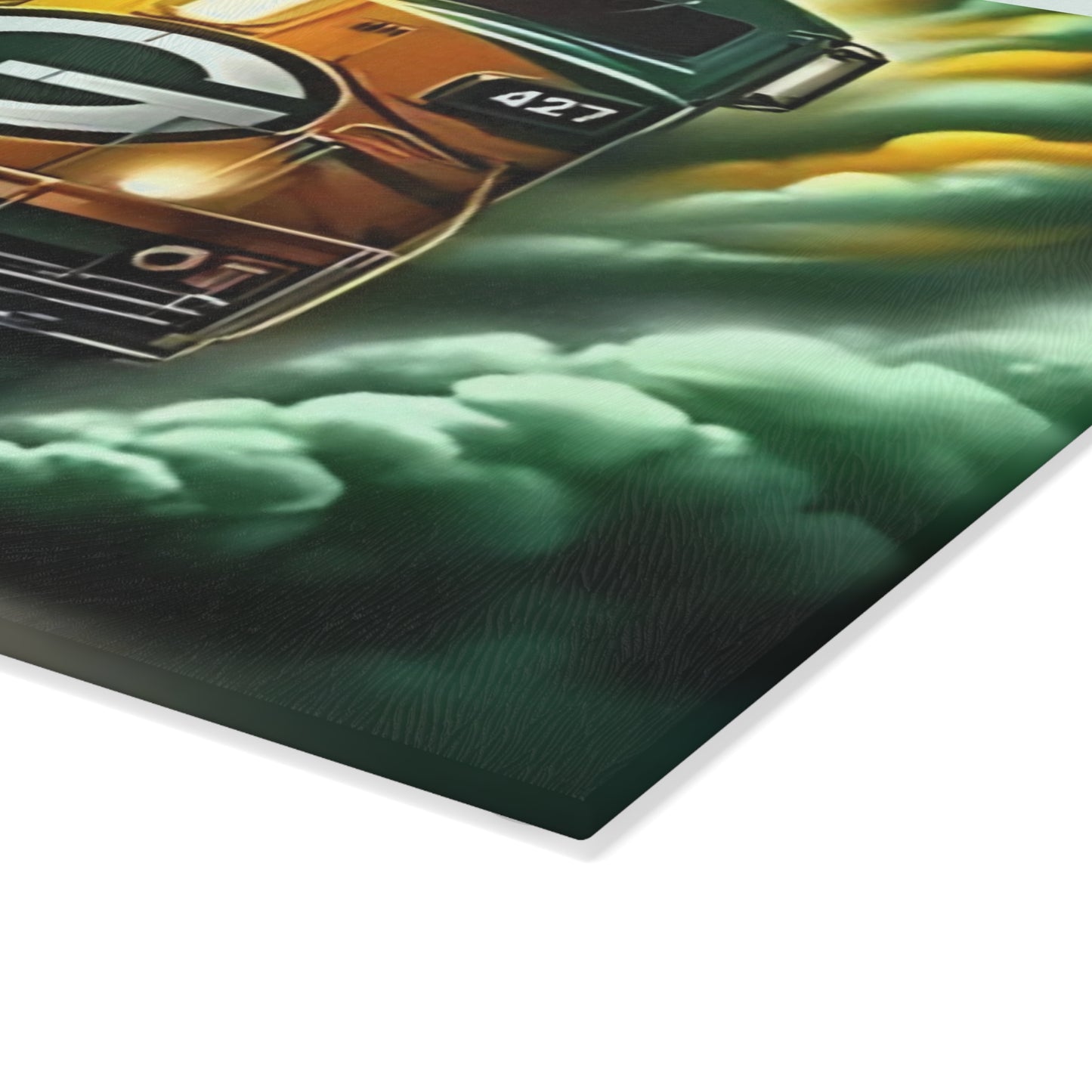 Green & Yellow Express Glass Cutting Board – Vibrant Train Kitchen Display