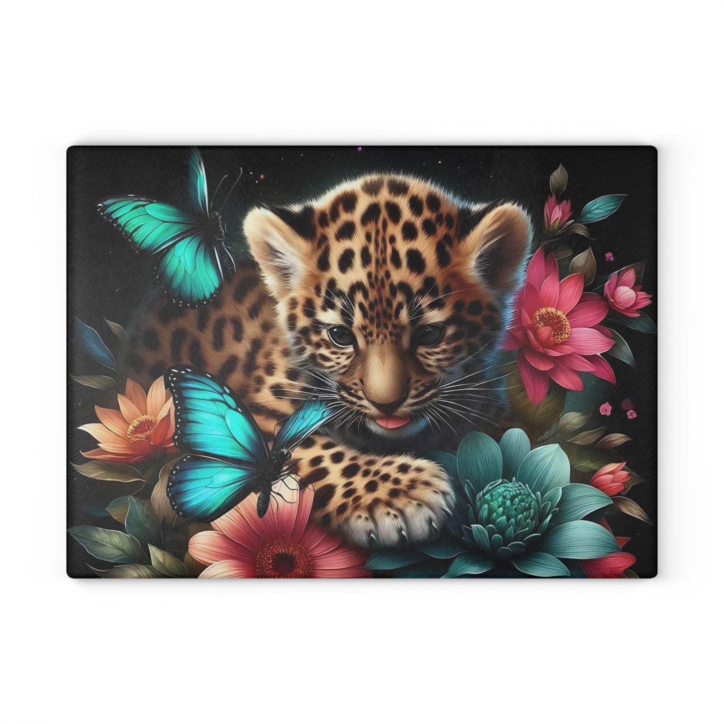 🦋 Leopard Cub & Blue Butterfly Cutting Board – Whimsy Meets Wild in Bloom 🌸🐆