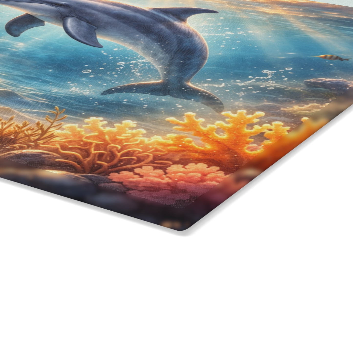 Sunlit Dolphin Glass Cutting Board – Serene Ocean Reef Artwork