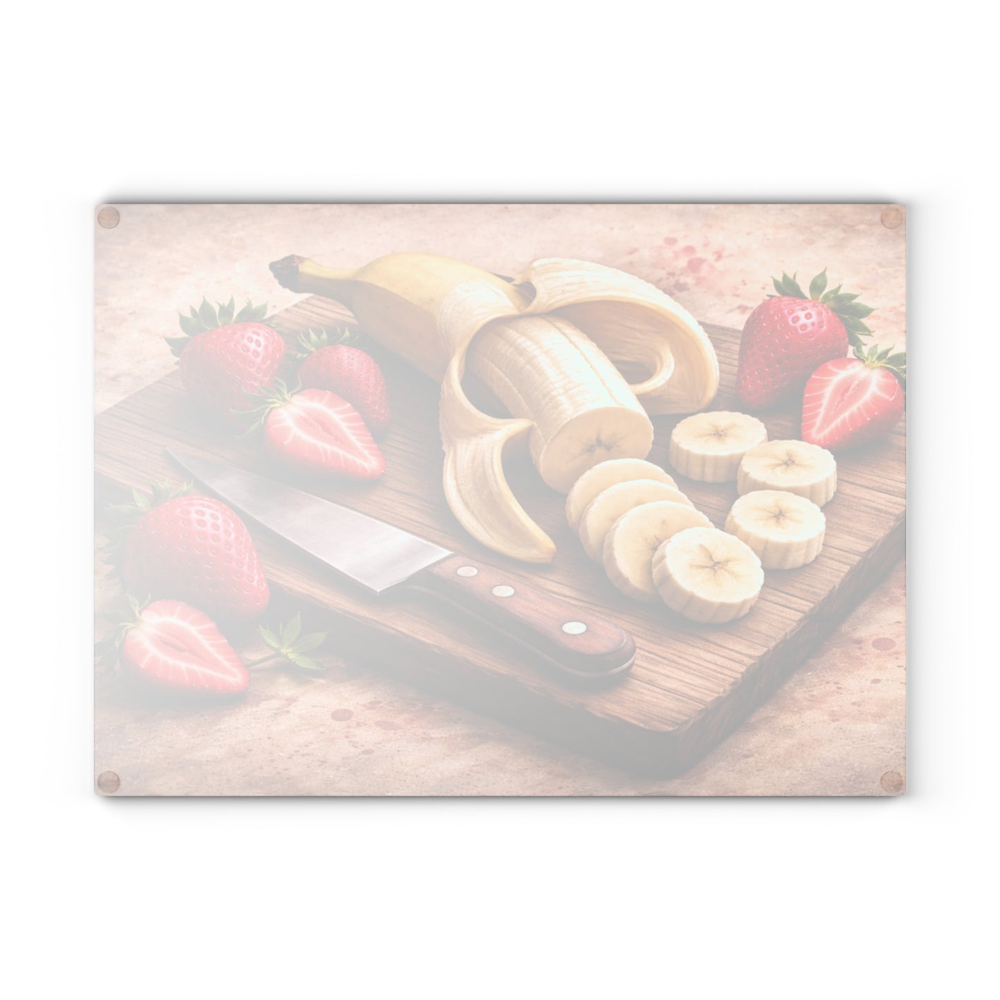 Banana and Strawberry Kitchen Art Glass Cutting Board – Rustic Breakfast Inspired Design