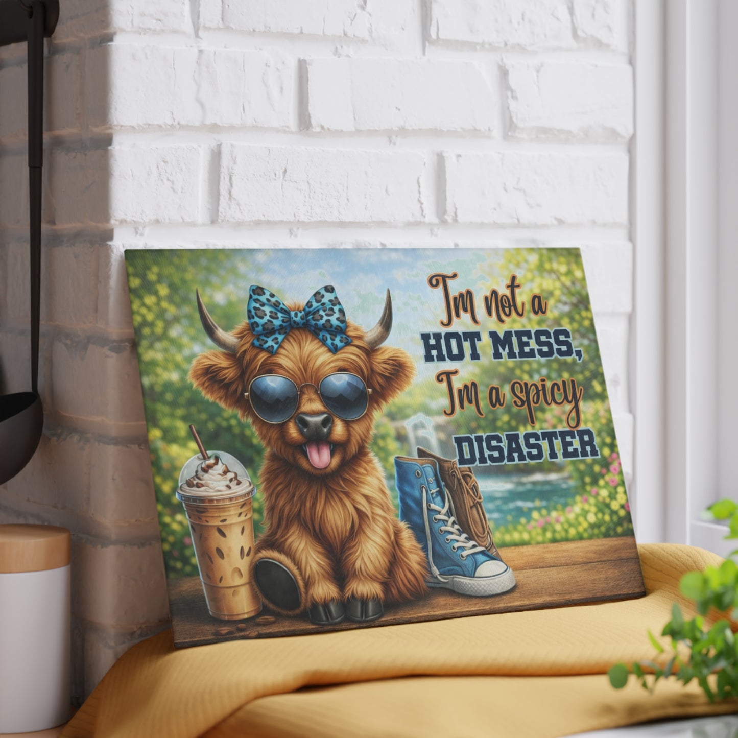 I’m Not a Hot Mess, I’m a Spicy Disaster Glass Cutting Board – Sassy Highland Cow Kitchen Artwork