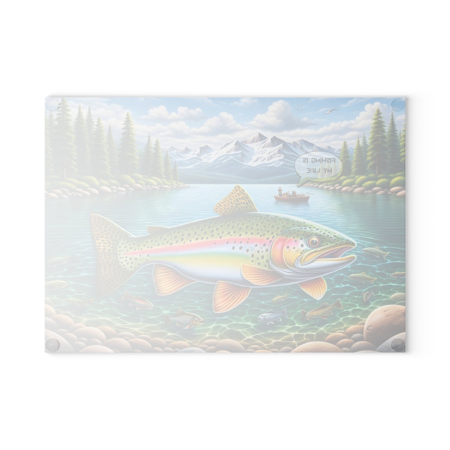 Fishing Is My Life Glass Cutting Board – Colorful Trout Lake Fishing Artwork