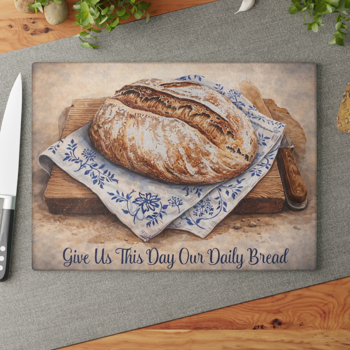 Give Us This Day Glass Cutting Board – Rustic Bread Artwork with Faith-Inspired Message