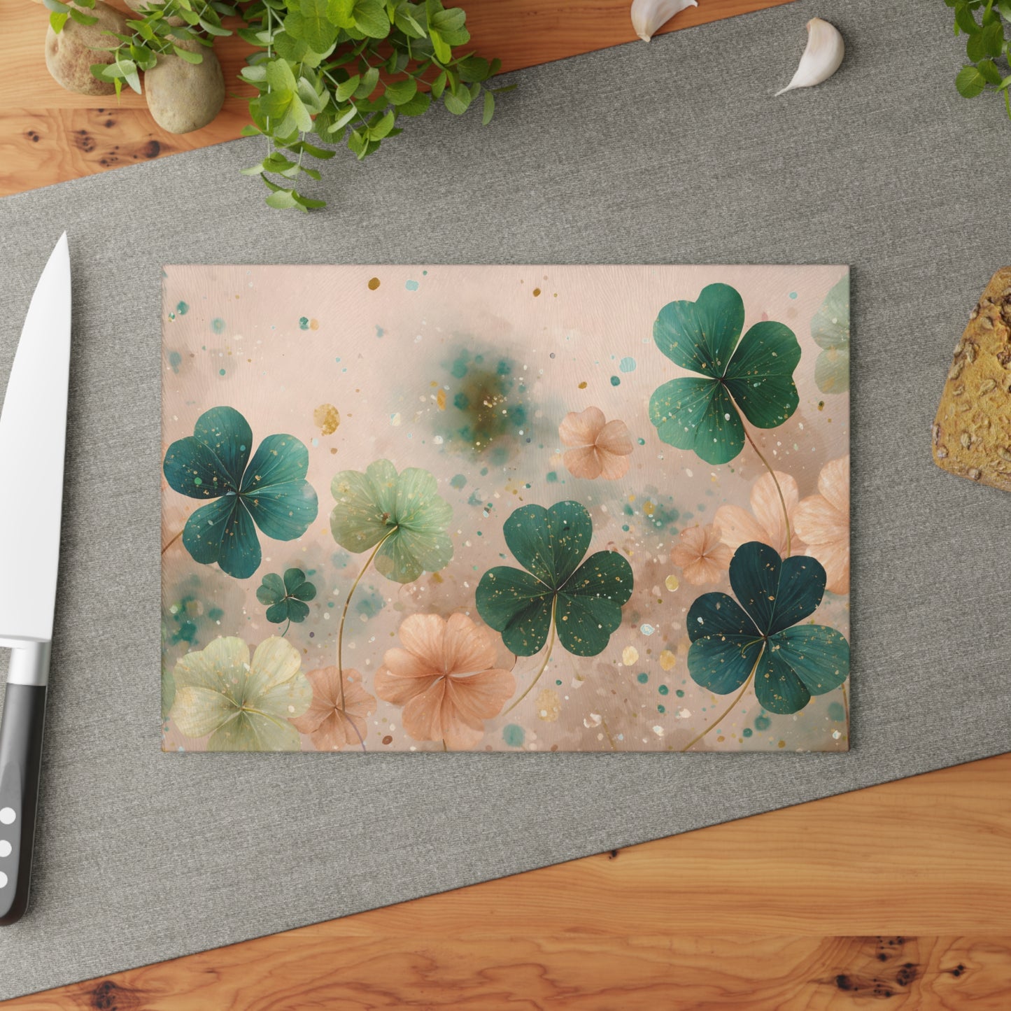 Pastel Shamrock Floral Glass Cutting Board – Soft Irish Clover Spring Kitchen Art