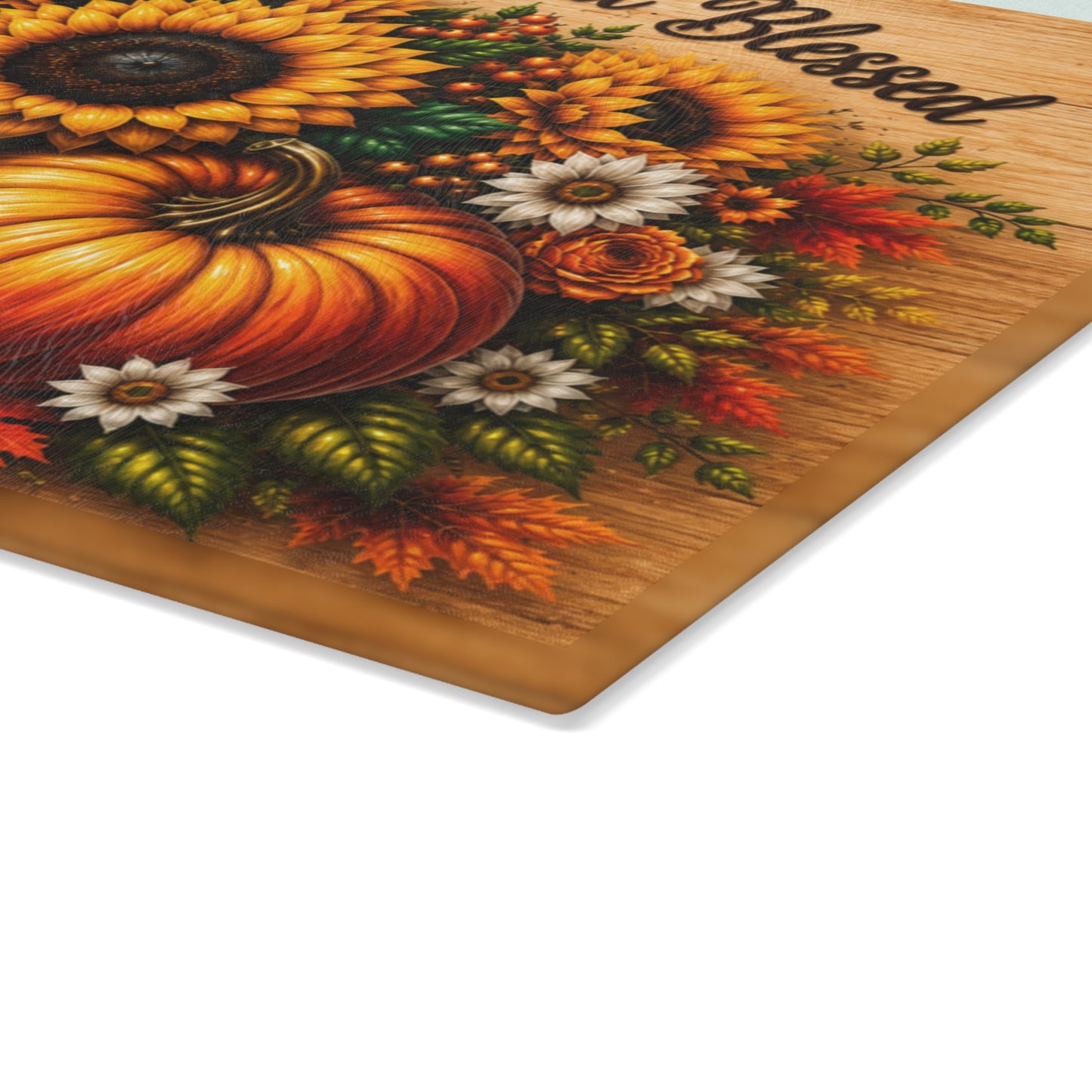 Thankful Grateful Blessed Sunflower & Pumpkin Glass Cutting Board – Fall Autumn Kitchen Decor