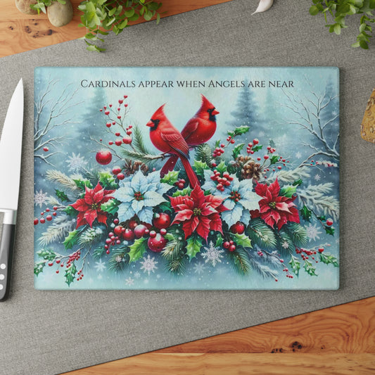 🐦❄️ “Cardinals & Angels” Glass Cutting Board – Cozy Winter Comfort for Your Kitchen