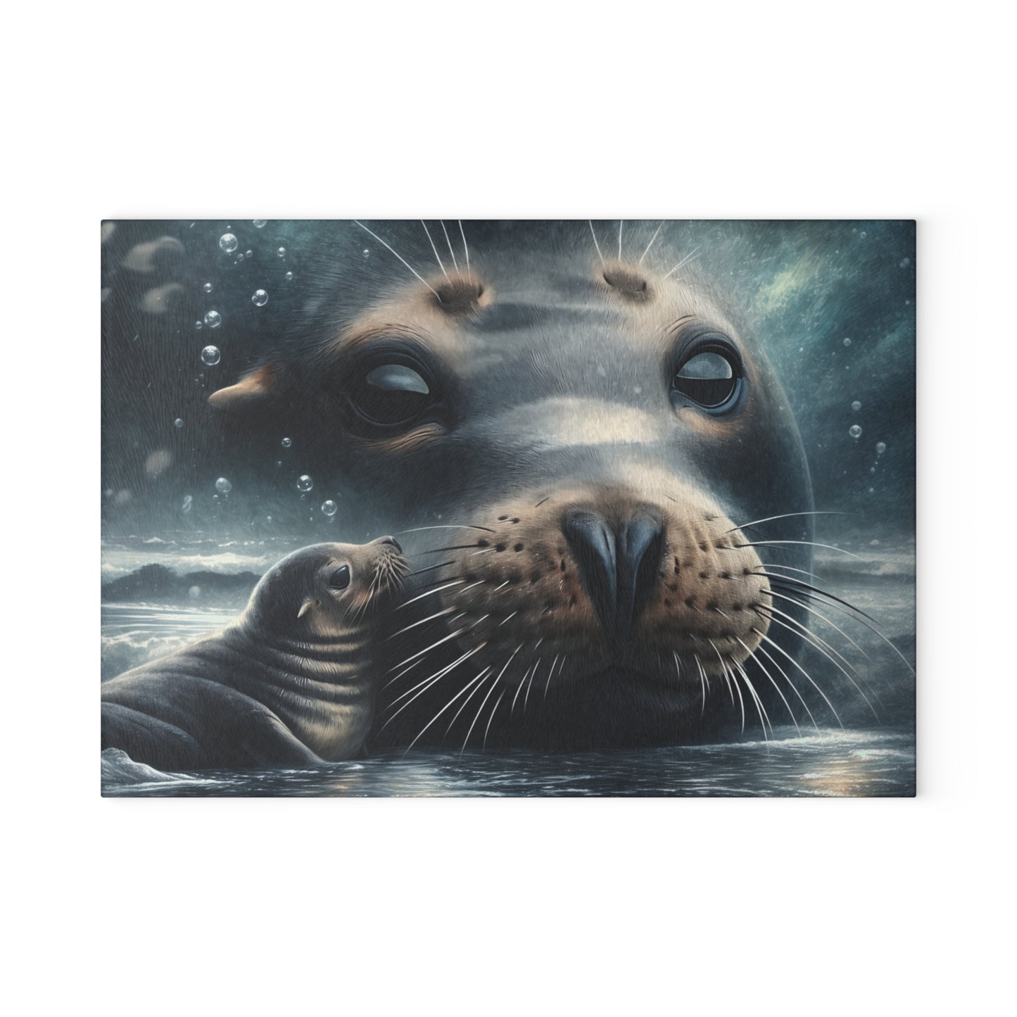 Gentle Harbor Glass Cutting Board – Mother Seal & Pup Ocean Artwork