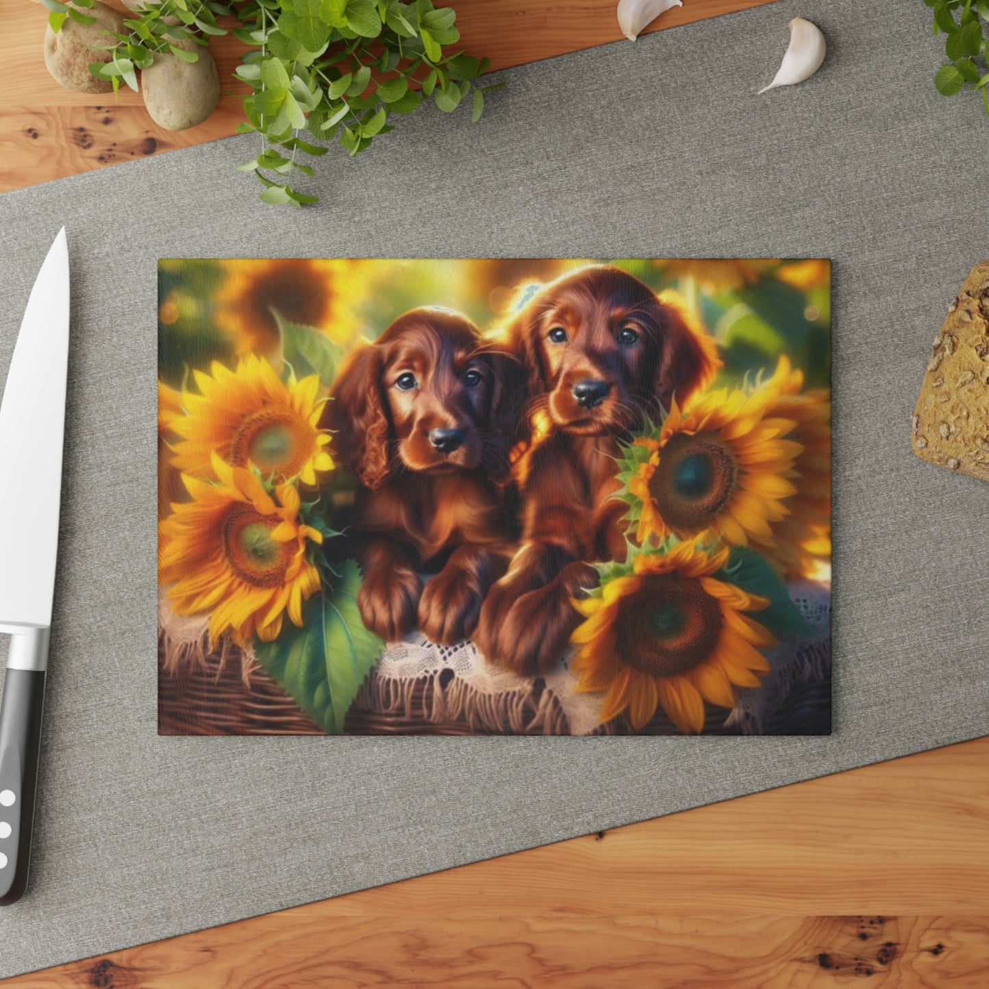 🐾 Sunflower Setter Pups Cutting Board – Golden Blooms & Puppy Love for Your Kitchen