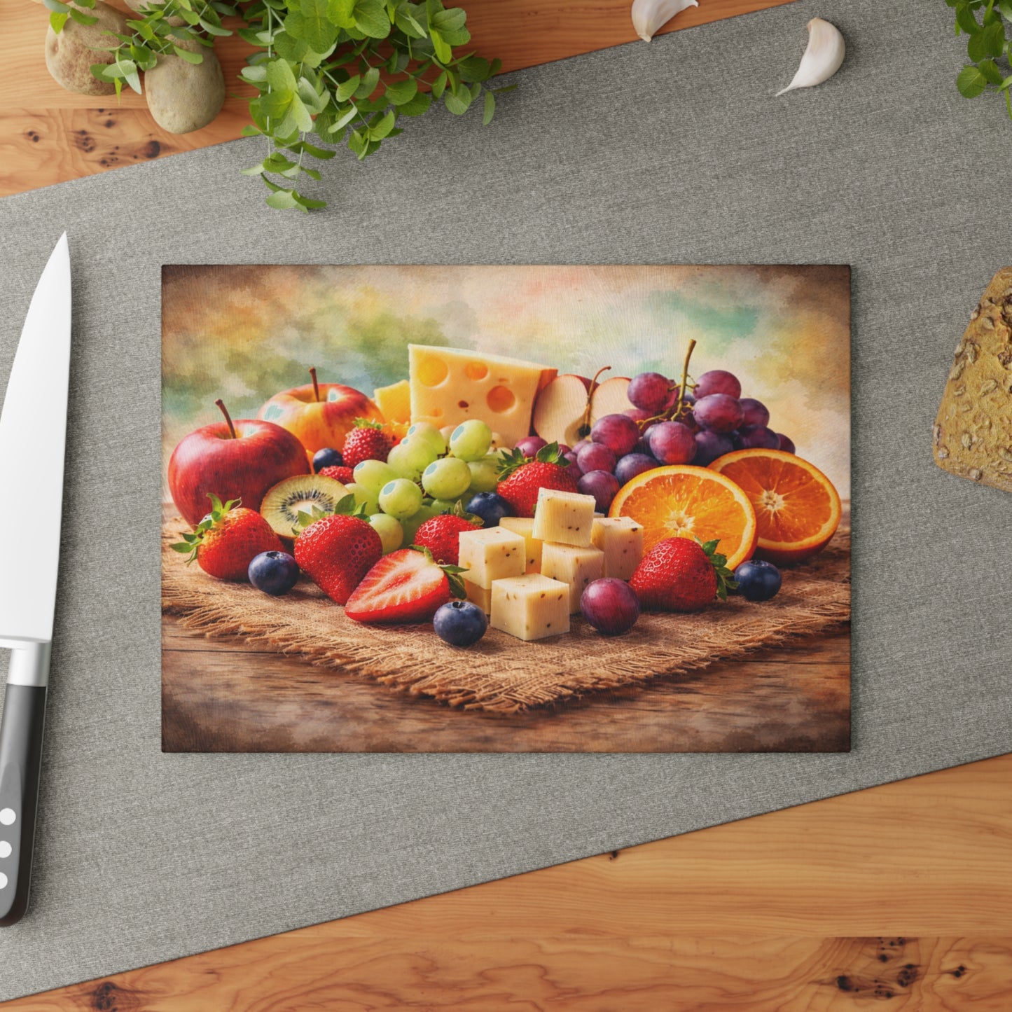 Farmhouse Fruit and Cheese Still Life Glass Cutting Board – Rustic Kitchen Art with Vibrant Harvest Colors