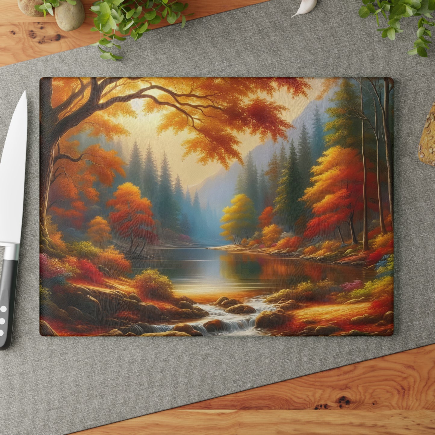 🍁🍂 Autumn Lake Scene Cutting Board – Golden Tranquility for Your Kitchen 🌲✨